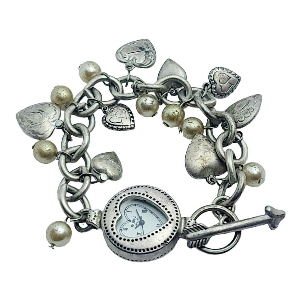 Vintage Designer John Wind Maximal Art Watch Charm Bracelet Hearts